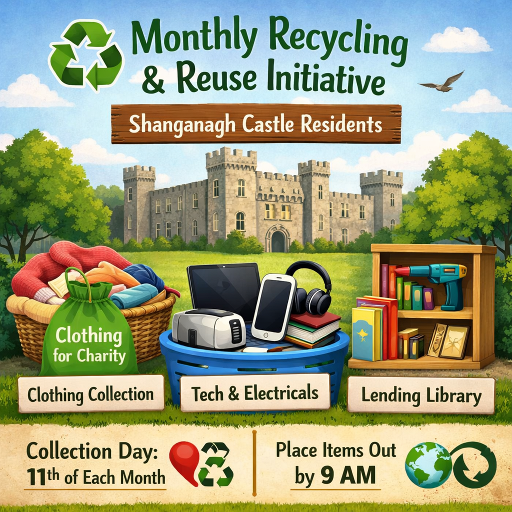 A monthly way to reduce waste at Shanganagh Castle. Residents can book free clothing and small electrical collections.