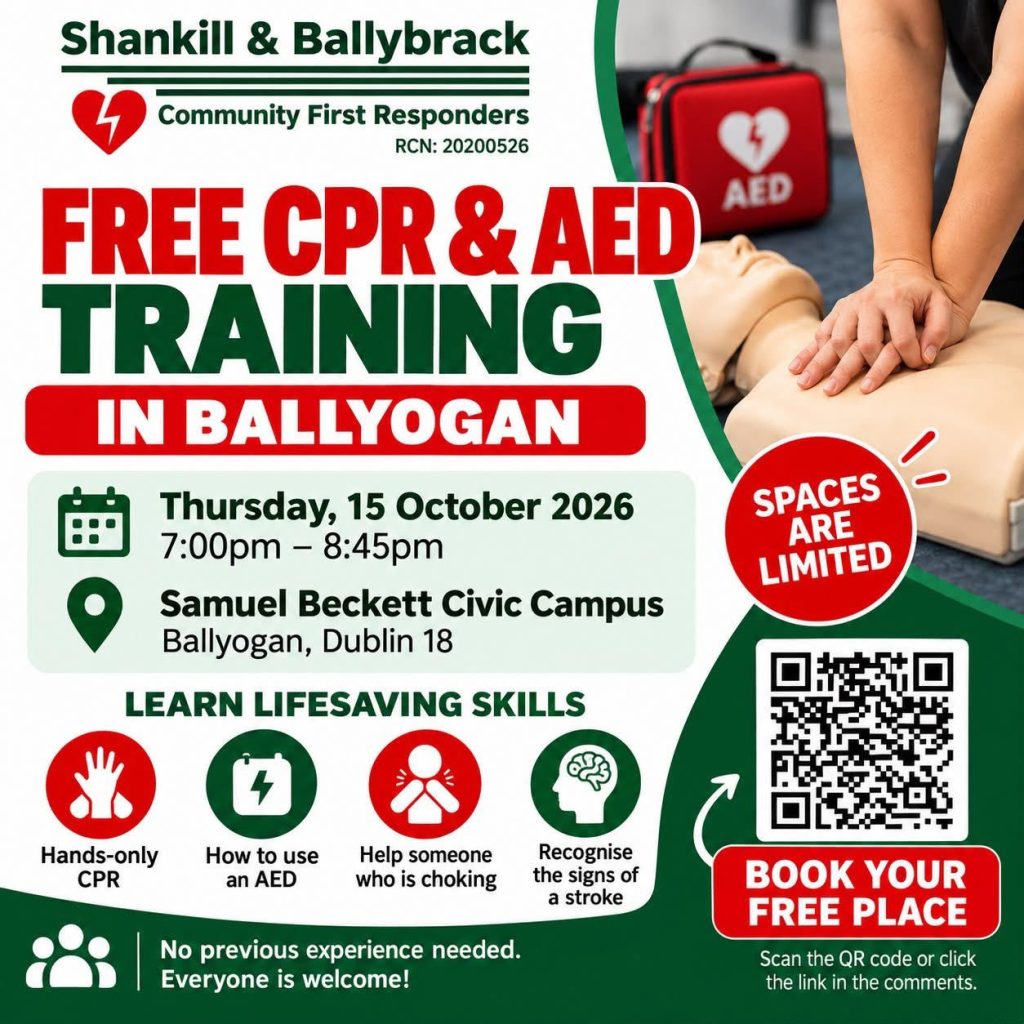 Shankill and Ballybrack Community First Responders free CPR and AED training, 15 October 2026, Ballyogan